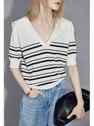 韩国白色条纹V领薄款短袖针织衫女2024夏季宽松显瘦时髦毛衣