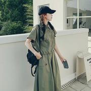 实拍工装军绿色连衣裙女夏美式复古宽松御姐风甜酷休闲套装两件套