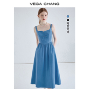 VEGA CHANG吊带连衣裙女2024年夏季收腰显瘦气质茶歇法式长裙