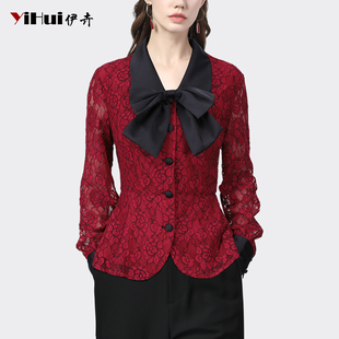 2024春装法式蝴蝶结方领蕾丝衫女设计感洋气红色衬衫上衣气质