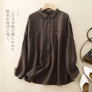 胖mm纯色拼接亚麻衬衫，女秋季宽松气质，设计感小众长袖棉麻打底上衣