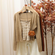 条纹吊带背心v领针织，开衫两件套女装秋季小个子修身短款套装
