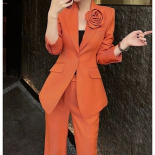 gao端橘色西服套装女2024新时尚休闲职业西装两件套外套修身气质