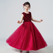 儿童红色礼服长款婚纱裙女童公主，连衣裙背心长裙子中大童演出服装