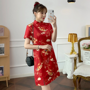 新中式复古喜庆大红色连衣裙女夏季修身显瘦改良年轻款旗袍裙