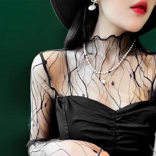 黑色蕾丝打底衫女网纱长袖薄款洋气，秋季纱衣内搭高端透明别致上衣