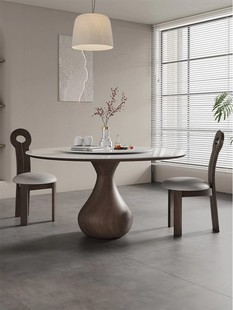 意式实木餐桌圆形带转盘现代简约家用高端复古全托哑光岩板圆桌
