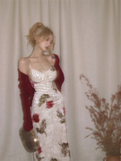 丝绒玫瑰花吊带连衣裙女秋冬内搭打底裙子，收腰紧身荷叶边包臀长裙