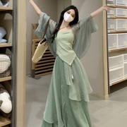 新中式女装国风改良汉服汉元素日常小个子绿色连衣裙子三件套装女