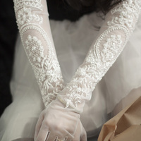 原创《毓玢》新娘，复古蕾丝长款缝珠手套，透明网纱长款结婚手套