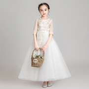儿童礼服公主裙女童蓬蓬纱长款花童婚纱主持人钢琴演出服表演白色