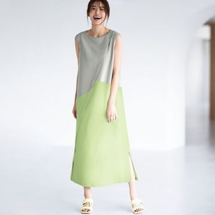 日本24春夏女时尚宽松双色拼接圆领无袖连衣裙2色有大码M-3L
