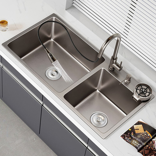 灰304不锈钢双槽水槽厨房，加厚台下盆洗菜盆洗碗池洗手池套装深