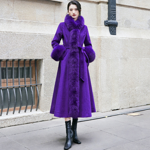 高贵紫色复古立领羊绒大衣女中长款气质修身过膝毛呢外套狐狸毛领