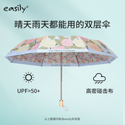 easily三折双层黑胶防晒伞女士，防紫外线遮阳伞upf50+晴雨两用伞