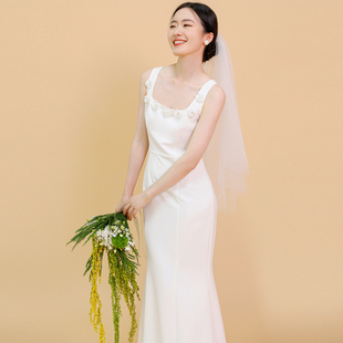tansshop手工坊系列领口，立体花朵小香风背心长裙，白色礼服裙婚礼
