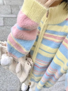 多巴胺彩色条纹针织开衫女2023秋季设计感慵懒风，拉链毛衣外套