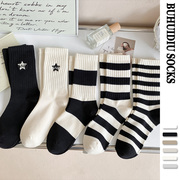 不会丢的袜子条纹刺绣中筒袜女韩系，简约黑白色，运动高橡筋(高橡筋)长袜棉