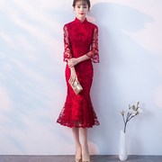 敬酒服旗袍2019夏季中长款修身结婚红色礼服，新娘鱼尾裙女