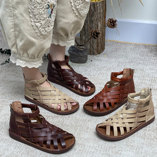 民族风手工复古罗马凉鞋，女休闲平底包跟凉靴，牛皮妈妈时尚鱼嘴女鞋