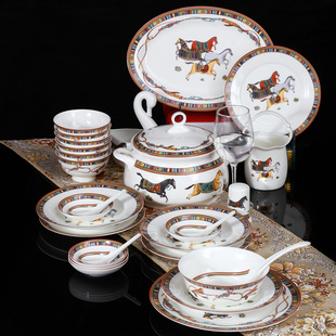 骨瓷碗盘餐具套装 景德镇餐具56头碟碗套装 欧式釉中彩陶瓷碗盘碟