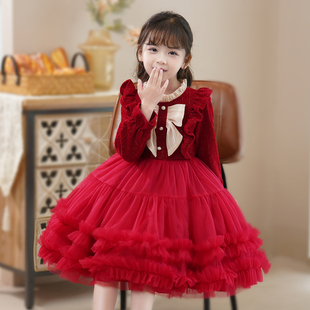 女童连衣裙新年裙子2023秋冬季儿童冬装，小女孩红色公主裙加绒