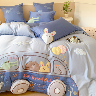 快乐巴士兔子，120支长绒棉四件套纯棉儿童套件高档床上用品，卡通风