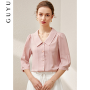 夏季粉色法式雪纺衬衫女中袖设计感小众泡泡袖，上衣职业五分袖衬衣