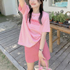 粉色字母t恤少女甜酷短袖，韩系chic别致上衣2024夏季纯棉半袖