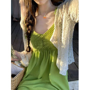 波西米亚风牛油果，绿色流苏无袖吊带，连衣裙女夏娃娃裙子短裙