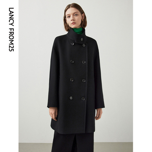 朗姿羊毛大衣设计感冬气质修身显瘦黑色高级感中长款毛呢外套