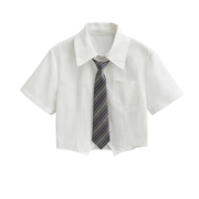 白色短袖衬衫女夏季短款领带，气质休闲学院，风辣妹纯色上衣