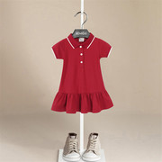 女童红色短袖连衣裙夏装儿童纯色polo裙宝宝公主裙小女孩裙子童装