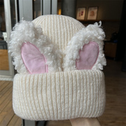 可爱白色兔耳朵帽子女秋冬季百搭显脸小包头针织帽保暖护耳帽