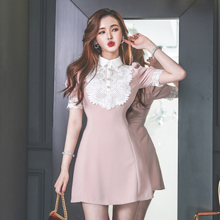 2020夏季韩版时尚气质蕾丝翻领短袖收腰修身显瘦A字连衣裙女