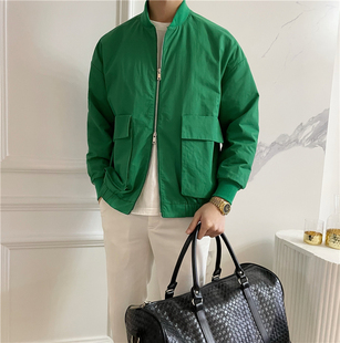 NR先生时尚亮绿色拼接假两件夹克原创设计师款立领拉链男小外套
