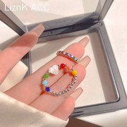 彩色爱心串珠戒指女2023年食指戒夏季网红小众设计感时尚指环