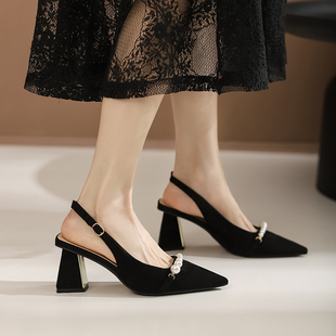 法式高级感旗袍马面裙，高跟鞋女夏季黑色粗跟鞋子包头凉鞋单鞋