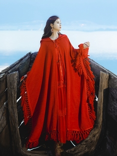 秋冬女装红色斗篷披肩西藏旅游穿搭草原外套长款披风阿拉伯长袍
