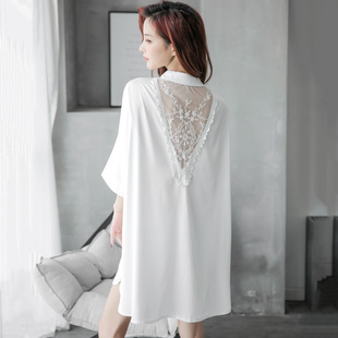 夏季睡裙冰丝性感中长款蕾丝薄款白色衬衫宽松大码丝绸春秋睡衣