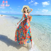 泰国三亚海边度假沙滩裙女波西米亚长裙雪纺，裙子v领吊带裙连衣裙