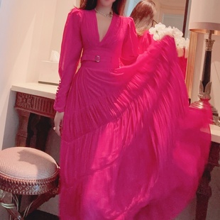 春天圆舞曲玫红色，法式气质名媛，高品质质感优雅连衣裙