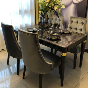 美式轻奢后现代大理石餐桌实木餐桌椅组合长方形黑色烤漆欧式饭桌