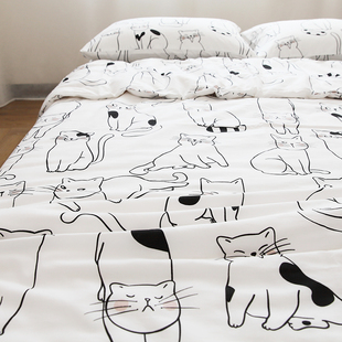 喵喵喵!手绘猫咪卡通可爱全棉，斜纹床单被套，单件纯棉被罩白色干净