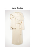 amai「100%羊毛毛呢大衣，」白色长款外套，细带可拆卸围巾翻领设计