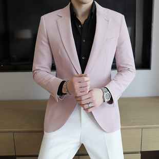 韩版潮流青年修身影楼结婚西装男士商务正装英伦高级感浅粉色西服