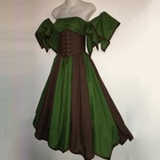 潮流欧美短袖一字领连衣裙文艺复兴时期中世纪女装拼接束腰服饰