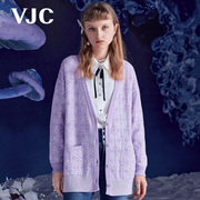 VJC/威杰思2023秋冬女装香芋紫V领毛衣刺绣提短款针织开衫