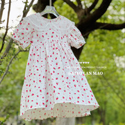 女童草莓印花连衣裙23年夏季儿童，小女孩娃娃领纯棉棉布公主裙