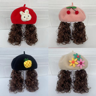 韩国女童羊毛呢长发贝雷帽儿，童帽1-3-8岁女宝宝，礼帽秋冬假发帽子2